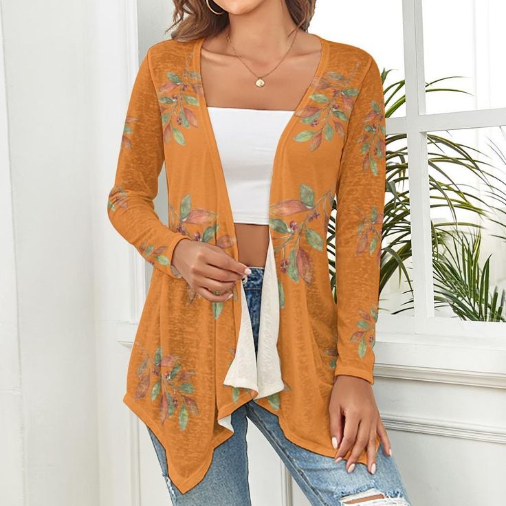 Featuring my Fall Leaves design on a warm brown background, this cardigan will brighten the mood even on the gloomiest of days! 100% polyester Premium Material: Our knitted cardigan features textured knit material, long sleeves and elastic cuffs, soft, warm, loose, and the fabric is slightly stretchy. Unique Design: Women's Long Sleeve Design, Loose Cardigan Panel Fits A Variety of Body Shapes, Knit Design Creates A Long Sleeve Cardigan With Open Front. Fashionable and Versatile: Can be worn with jeans or leggings and heels, boots to keep you warm and stylish in the cold weather of autumn and winter. GREAT GIFT: The perfect birthday, Thanksgiving, Christmas and New Years gift for your family, wife or girlfriend. A must-have fashion item for women. Washing instructions: Hand washable or mac Orange Long Sleeve Cardigan For Spring, Brown Knitted Cardigan For Fall, Brown Knit Long Sleeve Sweater Coat, Casual Brown Fall Cardigan, Brown Long Sleeve Sweater Coat For Spring, Casual Brown Cardigan For Fall, Cozy Brown Long Sleeve Cardigan, Cozy Brown Sweater Coat For Spring, Casual Orange Knit Cardigan