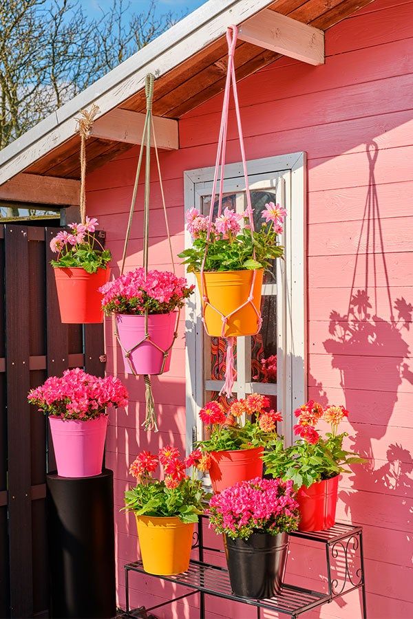 several hanging flower pots with flowers in them