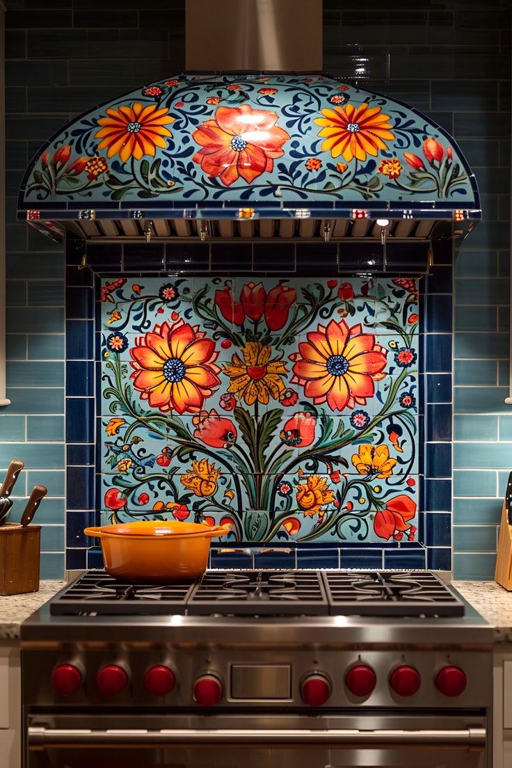 Stunning Backsplash Ideas for Your Kitchen Mexico Tile Kitchen, Colorful Tile Kitchen Backsplash, Kitchen Murals Backsplash, Kitchen Backsplash Ideas Colorful, Cool Kitchen Tiles, Unique Kitchen Design Ideas, Mexican Ceramic Tiles, Hacienda Style Kitchen Mexico, Talavera Kitchen Backsplash