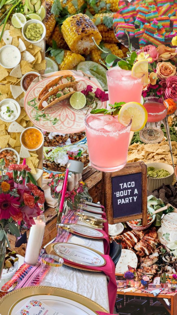 a table filled with lots of food and drinks on top of it's sides