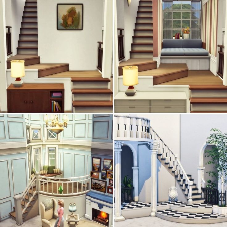 four different views of the inside of a house with stairs, living room and bedroom