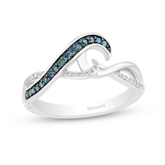 Find your way to a seafaring style with this elegant blue and white diamond wave ring from the Enchanted Disney Fine Jewelry Collection inspired by Moana. Fashioned in sterling silver Sculpted waves shimmer with blue and white diamonds in this twisting bypass design. This ring captivates with 1/5 ct. t.w. of diamonds. ©Disney Ocean Wave Engagement Ring, Enchanted Disney Engagement Rings, Coastal Engagement Ring, Ocean Themed Engagement Rings, Moana Wedding, Disney Princess Rings, Wave Rings, Zales Rings, Princess Rings