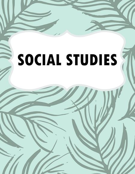 the words social studies are in black and white on a light blue background with leaves