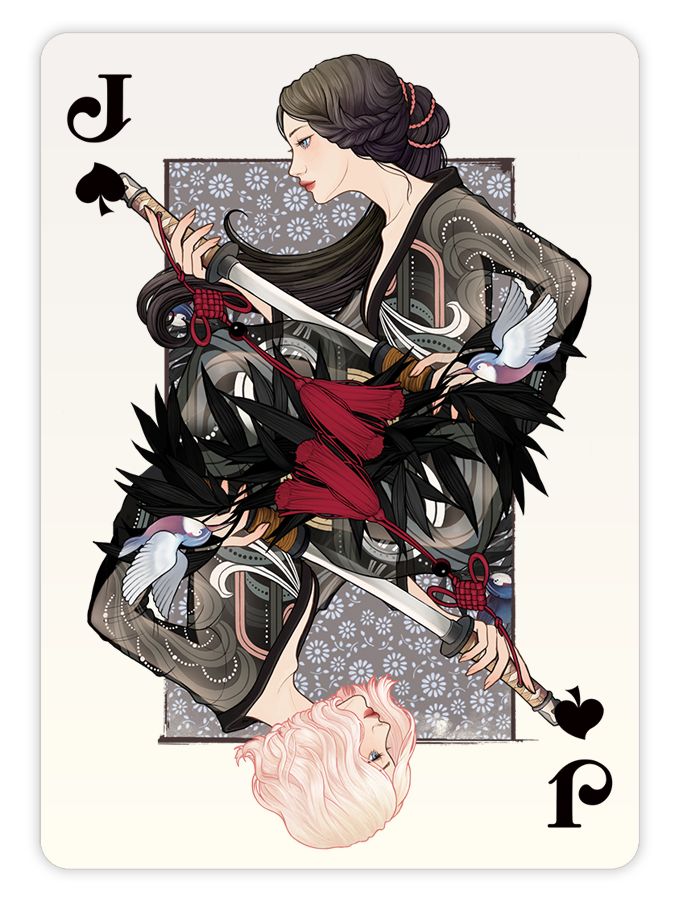 the queen of spades playing card with an image of a woman holding two swords