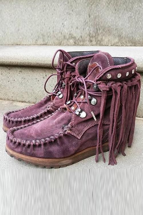 Tassels Rivets Faux Suede Boots Autumn Boots, Popular Boots, Flat Heel Boots, 1920s Style, Faux Suede Boots, Creative Stuff, Fringe Boots, Rounded Toe Boots, Ankle Boots Flat