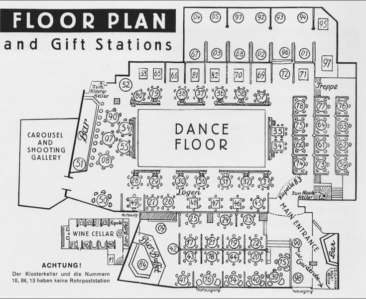 a floor plan for a dance studio with tables and stools on the bottom level