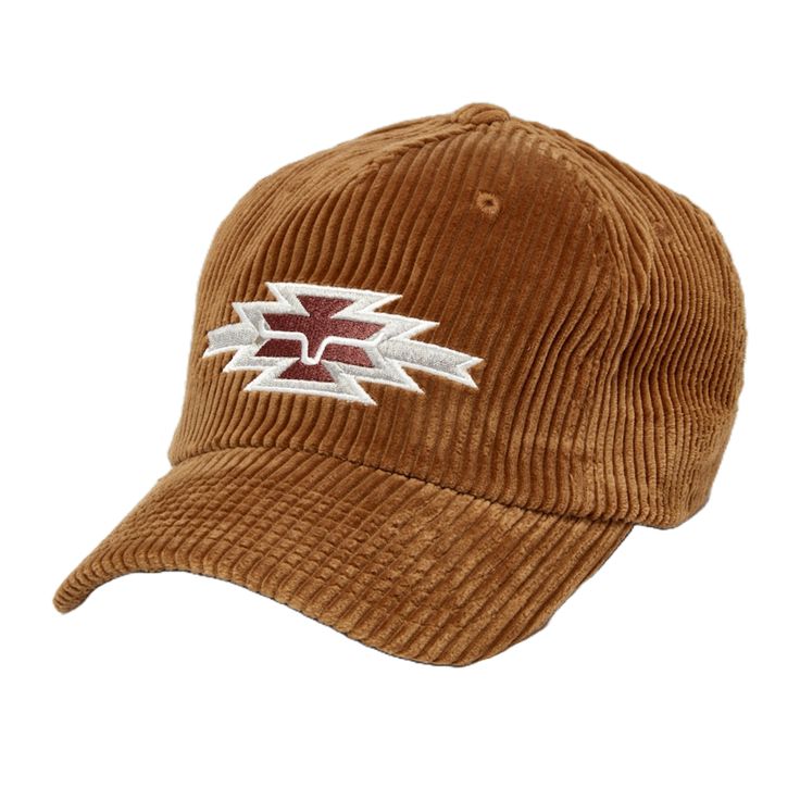 Style number: UHA0000146-CAM. Camel brown corduroy hat. Western Aztec embroidery. Adjustable snapback. Curved bill. 5 panels. OSFA. Aztec Embroidery, Kimes Ranch, Corduroy Hat, Western Aztec, Brown Corduroy, Camel, Embroidery, Hats