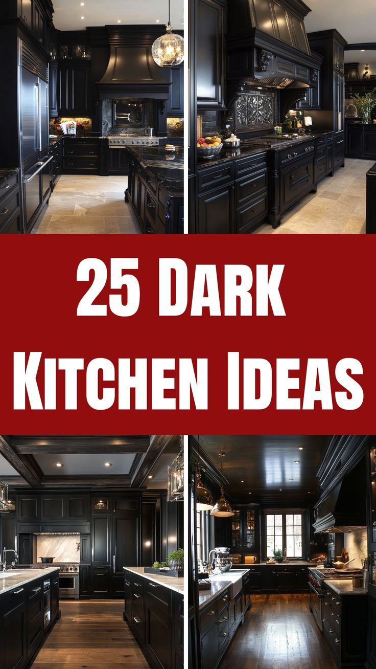 25 dark kitchen ideas featuring modern black cabinetry with stylish lighting and high-end appliances. Dark Wall In Kitchen, Kitchen Remodel With Dark Cabinets, Modern Moody Kitchen, Modern Dark Kitchen Design, Dark Floor Kitchen, Dark Kitchen Design, Kitchens With Black Cabinets, Modern Dark Kitchen, Black Kitchen Inspiration