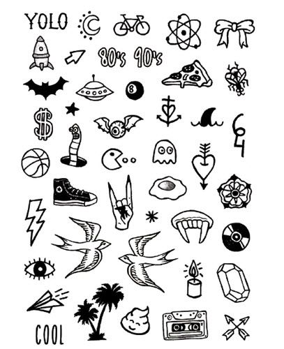 various tattoo designs and symbols on a white background