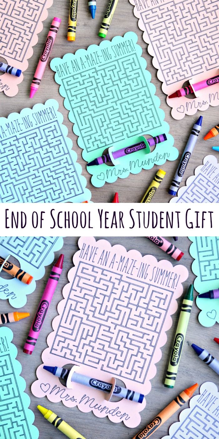 the end of school year student gift is filled with crayons and colored markers