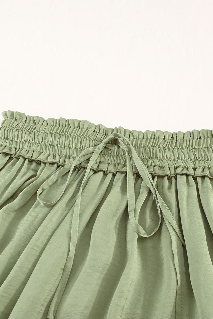 Green Adjustable Drawstring Smocked Waist Maxi Skirt Summer Bottoms With Gathered Waist And Flowy Fit, Bohemian Ruched Bottoms For Summer, Tiered Skirt With Gathered Waist For Vacation, Vacation Bottoms With Gathered Waist And Flowy Skirt, Flowy Drawstring Skirt For Vacation, Summer Drawstring Relaxed Fit Skirt, Vacation Skirt With Drawstring, Casual Tiered Skirt With Gathered Waist, Casual Tiered Skirt Bottoms With Gathered Waist