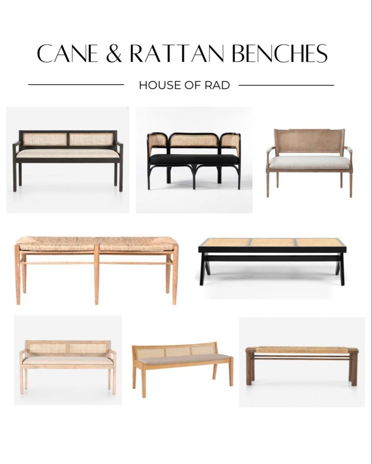 some benches and tables are shown with the text cane & rattan benches house of rad