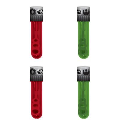 four green and red plastic tubes with star wars logos on the top one is black