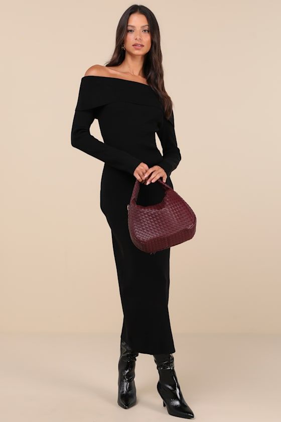 From office parties to holiday bashes, there are plenty of occasions the Glamorous Incredibly Pristine Black Off-the-Shoulder Sweater Maxi Dress will be perfect for! Stretchy ribbed sweater knit shapes this must-have dress that features a chic off-the-shoulder neckline with a fold-over trim and a flirty bodycon silhouette, all framed by long sleeves. A sophisticated maxi hem completes the look. Fit: This garment fits true to size. Length: Ankle length. Size medium measures 46.5" from top to bottom. Bust: Great for any cup size. Waist: Fitted - stretchy fabric allows custom fit. Hip: Fitted - stretchy fabric allows room for hips. Undergarments: May be worn with a strapless bra, adhesive bra, petals, or no bra. Fabric: Fabric is very stretchy. Unlined. 41% Viscose, 35% Polyamide, 24% Polyest Ribbed Dress Outfit, Winter Maxi Dresses, Off The Shoulder Sweater Dress, Cozy Inspiration, Skater Sweater, Black Ribbed Dress, Maxi Dress Winter, Casual Formal Dresses, Midi Sweater Dress