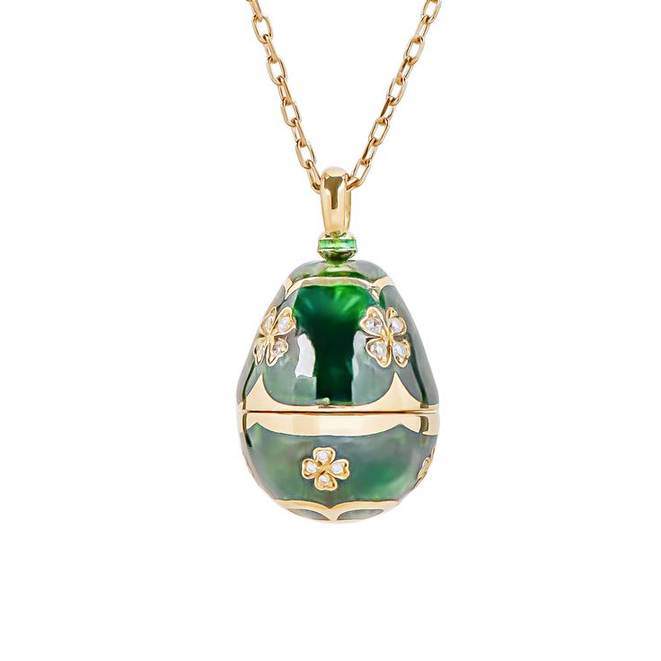 "Emerald Green Enamel Locket Necklace / Vintage Style Easter Egg Necklace with Diamond and 18K Gold / Fine Jewelry Charm Pendant By Chelebi Emerald Green Locket Egg is set with natural diamonds and enameling with glass enamel. It is 18K solid yellow gold also Enamel and diamonds are used in the chain of the necklace. The Guilloche patterns on the bottom of the transparent enamel are completely hand-engraving. This Enamel Egg Locket will be a great choice for daily use or gifting. DETAILS ✶ Gold Formal Green Engraved Necklace, Elegant Engraved Necklace For May Birthstone, Elegant Engraved Necklace With May Birthstone, Elegant Green Necklace For Keepsake, Heirloom Yellow Gold Jewelry With Detachable Pendant, Elegant Enamel Necklaces With Polished Finish, Elegant Enamel Jewelry Keepsake, Traditional Yellow Gold Keepsake Jewelry, Traditional Yellow Gold Jewelry For Keepsake