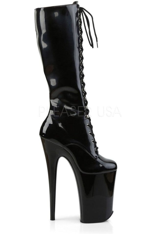 9" (22.9cm) Heel 5 1/4" (13.3cm) Platform Front Lace-Up Ankle Boot & Full Inner Side Zipper Warning: Extreme High Heels. Not Recommended for Walking or Dancing. - Fit Guide: True to Size - Heel Specifications: 9" Heel & 5 1/4" Platform - Country of Origin: Imported Formal Closed Toe Synthetic Platform Boots, Formal Closed Toe Platform Boots In Synthetic, High-top Patent Leather Party Heels, High-top Patent Leather Heels For Party, High Ankle Boots With Rubber Heel Cap For Party, Patent Leather Party Heels, Formal Lace-up Platform Boots With Reinforced Heel, Fitted Black Platform Boots With Rubber Heel Cap, Black Lace-up Platform Boots For Evening