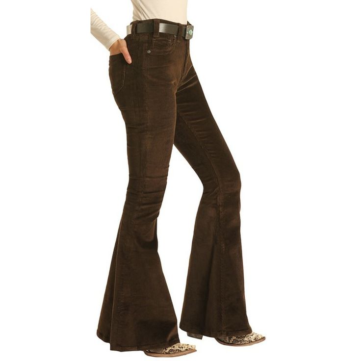 Style number: WHB7523 Dark olive corduroy bell bottoms Pockets on front and back ​Fitted thigh to mid-thigh High rise Flare leg Button fly 98% cotton, 2% spandex Brown Bell Bottoms, Winx Faries, Corduroy Bell Bottoms, Earthy Cottage, Afghan Coat, Boots Store, Clothes Hacks, Brown Fall, Pants Brown