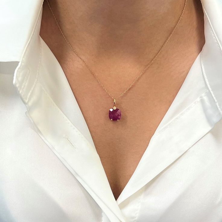 Beautiful And Dainty, This Rhodolite And Diamond Pendant Necklace Is Crafted In Fine 18k Yellow Gold. It Features A Square Shaped Rhodolite In Two Prong Setting With A Round Bezel Set Diamond On The Top. Chain Length: 16 Inches. Total Weight: 4.6 Gms. Comes With A Presentable Gift Box. Id: 019575 Elegant Ruby Briolette Necklace, Exquisite Ruby Gemstone Necklace, Elegant Ruby Gemstone Necklace, Elegant Ruby Pendant Birthstone Necklace, Formal Birthstone Pendant Necklace, Luxury Faceted Yellow Gold Necklace, Luxury Yellow Gold Faceted Necklace, Elegant 14k Gold Birthstone Necklace With Briolette Shape, Elegant Faceted Yellow Gold Birthstone Necklace