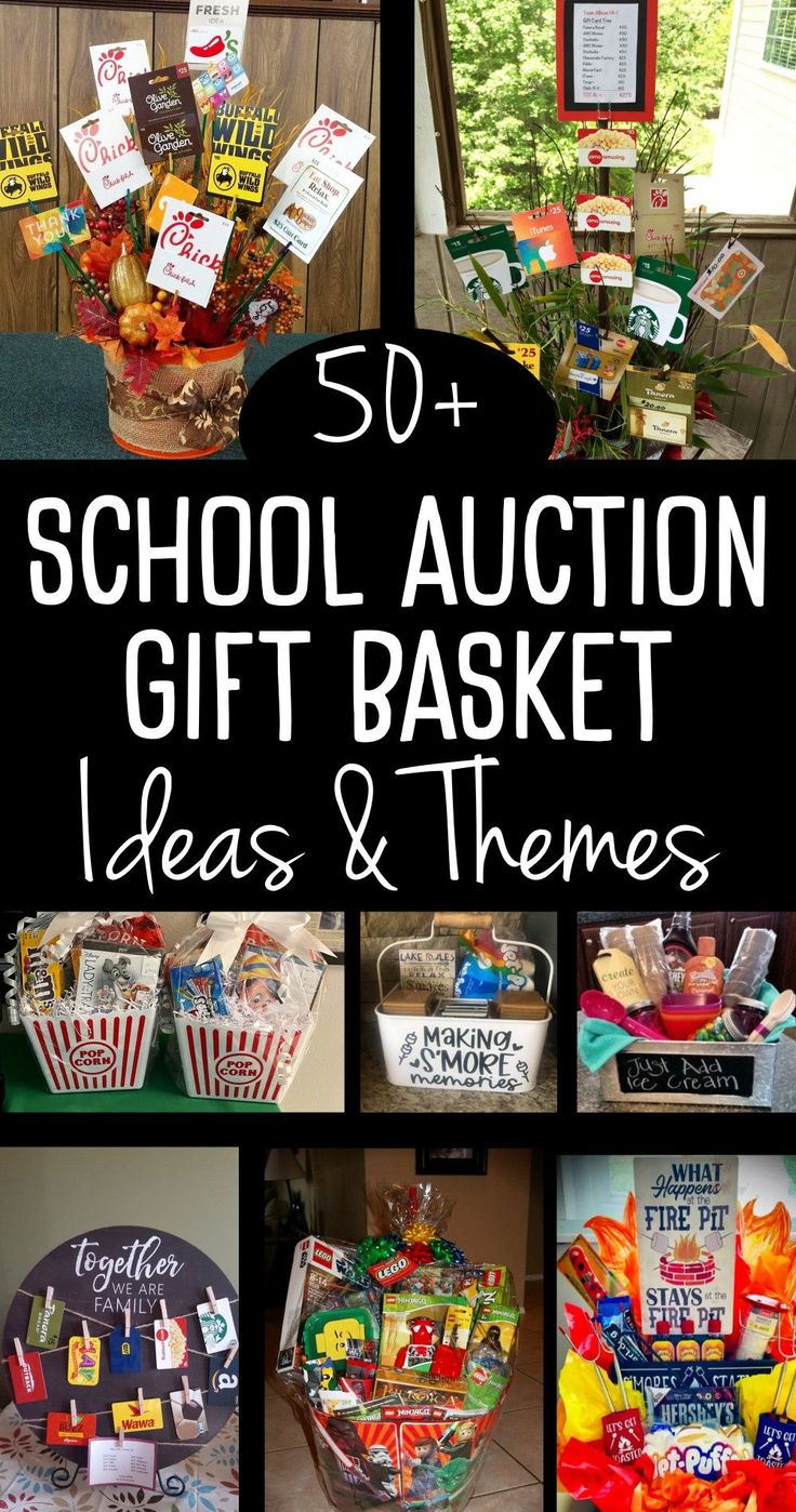 the words school auction gift basket ideas and themes are shown in several different pictures, including baskets