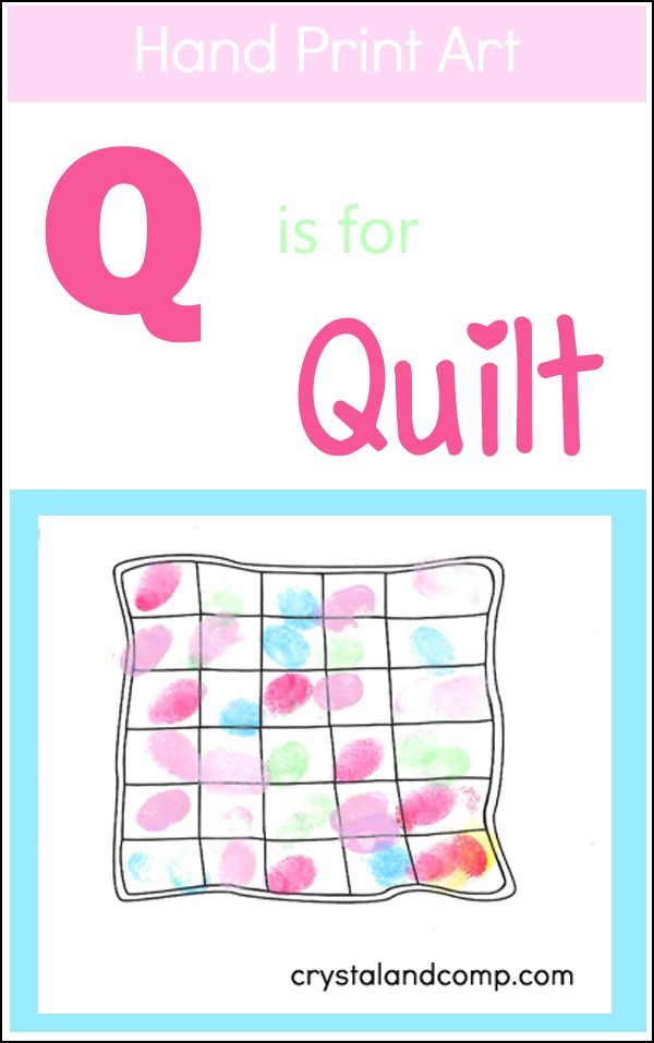 the letter q is for quilt with pink and blue dots on it, in front of a