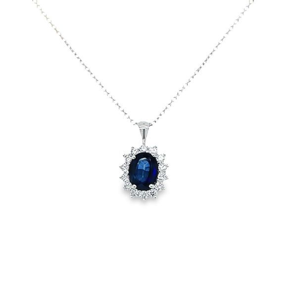 Estate-sapphire-and-diamond-halo-pendant-necklace Luxury Sapphire Oval Pendant Necklace, Oval Sapphire Diamond Necklace, Oval Sapphire Necklace With Brilliant Cut, Oval Sapphire Necklace With Halo Setting, Oval White Gold Sapphire Necklace, Oval Sapphire Necklace With Polished Finish, Halo Pendant, Rolo Chain, Oval Cut