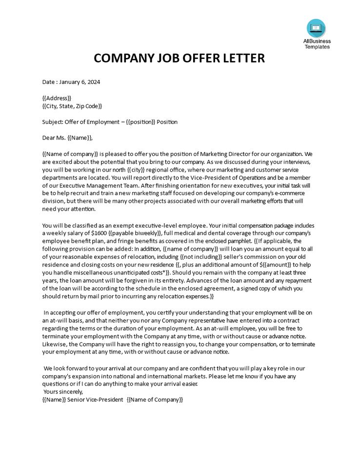 the cover letter for a company's offer letter