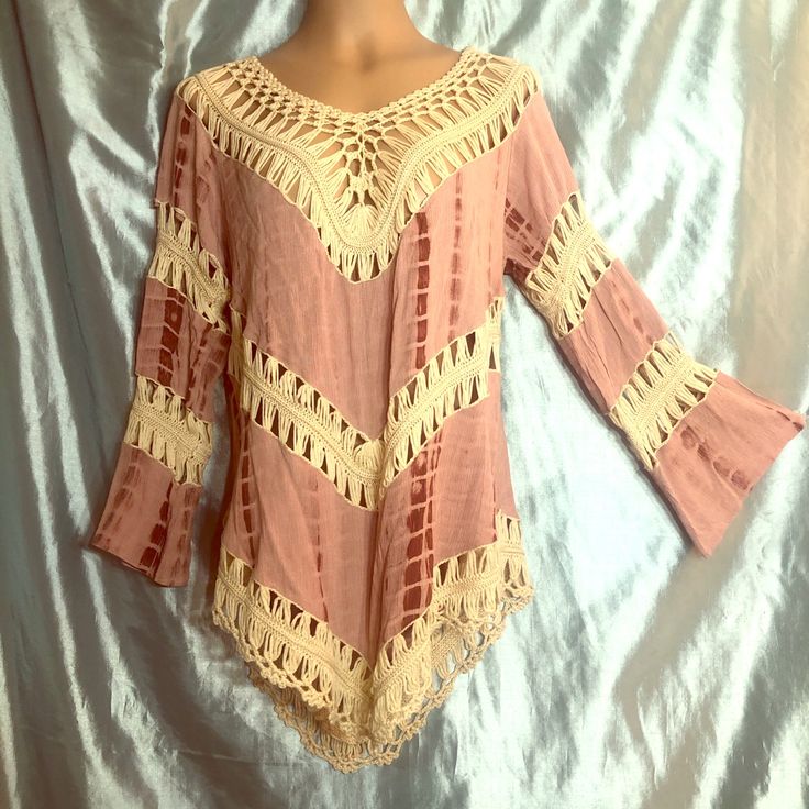 Nwt! This Flawless Mauve Hues Tie Dye Top Has Slightly Flared Sleeves In Gorgeous Lightweight Gauzy Poly Cotton Fabric, With Incredible Ivory Crochet Panels, And Pointed Front And Back Hemline. This Style Is So Flattering And Has A Back Strap To Keep It From Slipping Off The Shoulder. Original Tags, New Condition. Pairs Perfect For Beach In Cutoffs, Or Street Smart Fashion With Flared Jeans For A Hot Boho Chic Look. Length:32-35” At Longest Pointspit To Pit:21.5” Pink V-neck Crochet Top For Spring, Fitted V-neck Pink Crochet Top, Spring Beach Cover-up Tops With Lace Trim, Beige Hollow Out Tops For Summer, Beige Hollow Out Summer Top, Beige Hollow Out Top For Summer, Beach Tops With Hollow Out Design And Stretch, Beach Tops With Hollow Out Design, Bohemian Hollow Out Tops For Spring