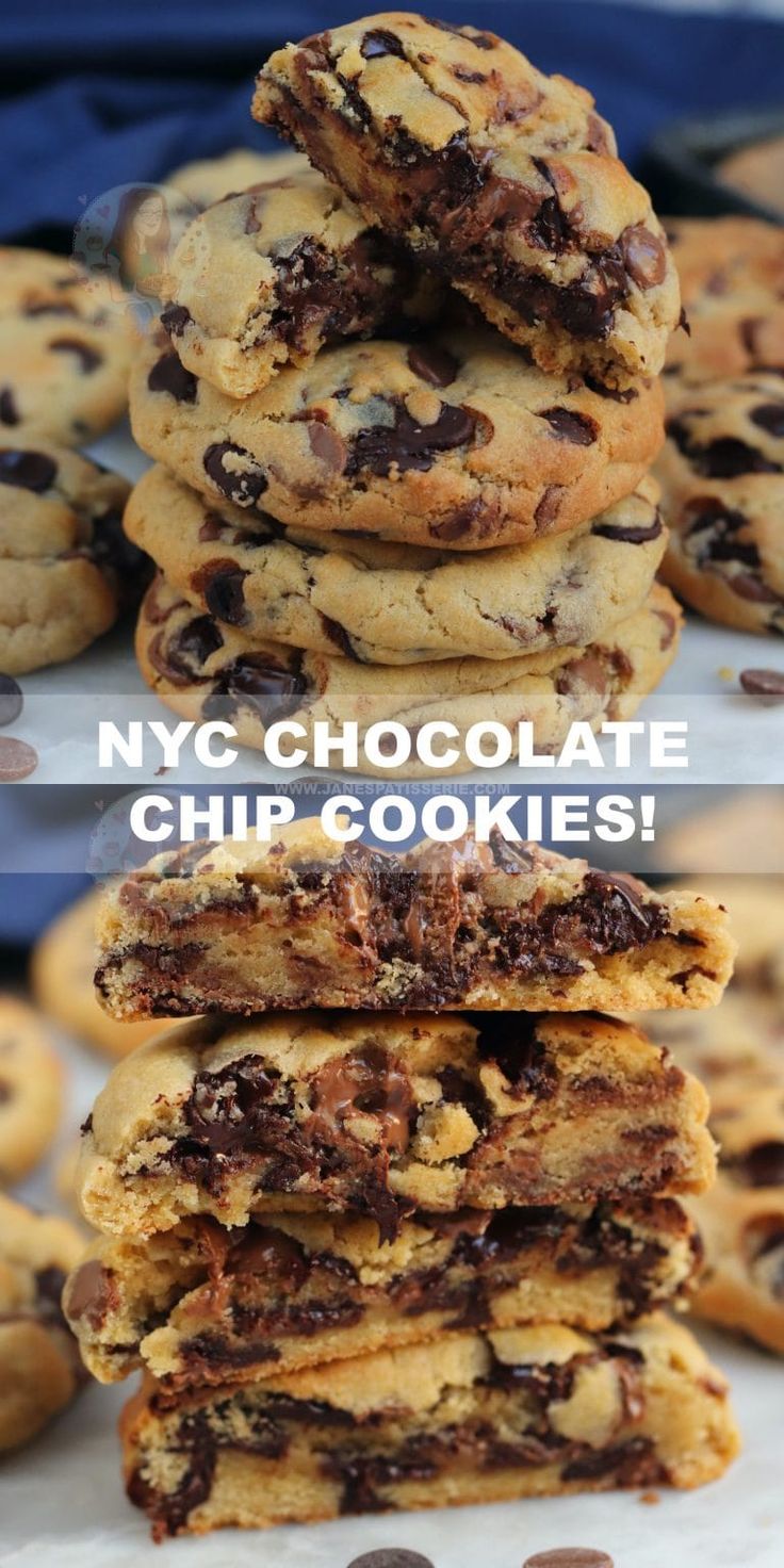 chocolate chip cookies stacked on top of each other with the words nyc chocolate chip cookies