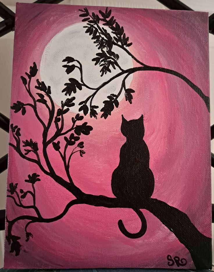 a painting of a cat sitting on a tree branch with the moon in the background