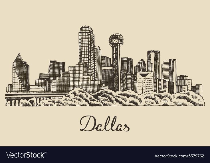 the cityscape of dallas, texas is depicted in this hand drawn sketch illustration