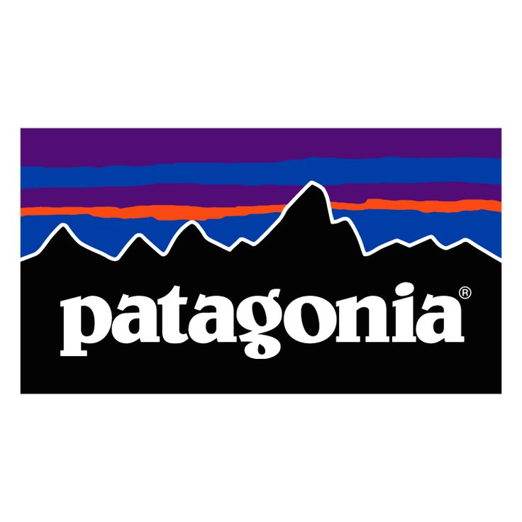 the patagonia logo is shown on a black and purple background with mountains in the distance