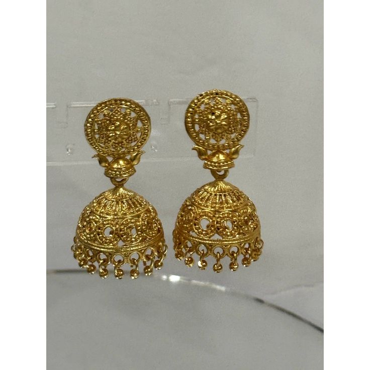 Jhumka Earrings 22k Gold Plated Bollywood Fashion Design 22k Gold Earrings For Puja, Gold Earrings For Puja, Elegant Intricate Design Earrings For Puja, Gold Chandbali Earrings For Puja, 22k Gold Dangle Jhumkas For Festive Occasions, Elegant Gold Bridal Earrings For Puja, Gold Earrings For Puja And Festive Occasions, Gold Earrings For Festive Puja, Festive Gold Earrings For Puja