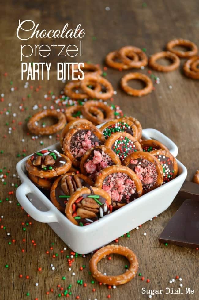 chocolate pretzel party bites in a white dish