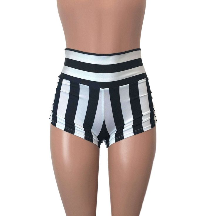 Sexier and more flattering! Our classic booty shorts made in black & white striped spandex with ruching on each side. Made to flatter your figure and move with you. The standard inseam is 2.5" - but can be customized. Choose between low-rise, mid-rise and high-waist (high-waist shown in photos). Scrunch Shorts, Rave Shorts, Dance Shorts, Roller Derby, Rave Wear, Pole Dance, Rave Outfits, Festival Outfits, Low Rise