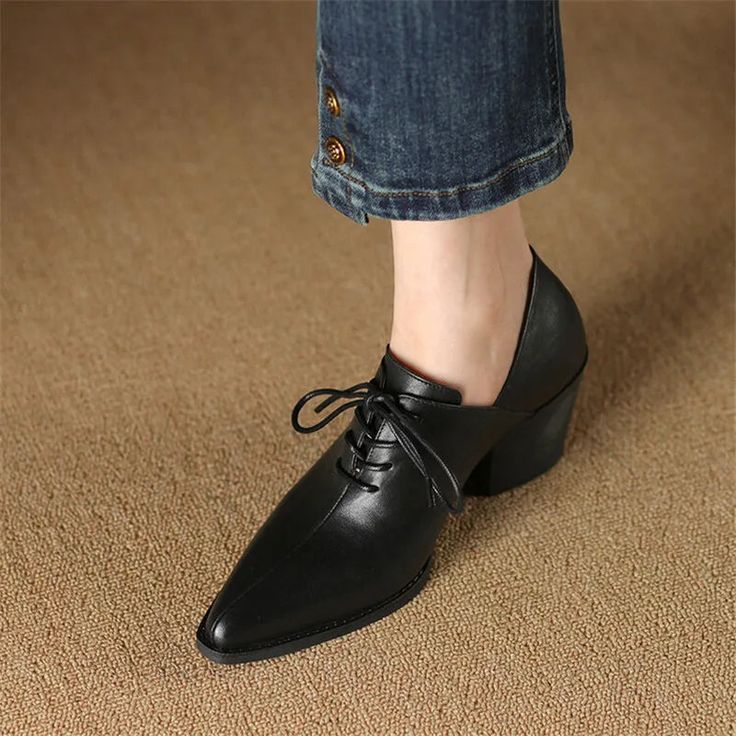 Spring Genuine Leather Women Shoes Pointed Toe Women Pumps Fashion High Heel Loafers Shoes for Women Chunky Heel Shoes Black SPECIFICATIONS Upper Material: GENUINE LEATHER Upper-Genuine Leather Type: Cow Leather Toe Shape: Pointed toe With Platforms: Yes Platform Height: 0-3cm Heel Height: High (5cm-8cm) Heel Type: Square heel Pump Type: Loafers Style: LEISURE Fashion Element: Cross-tied Outsole Material: tpu is_handmade: Yes Insole Material: pigskin Fit: Fits true to size, take your normal size Lining Material: GENUINE LEATHER Lining-Genuine Leather Type: pigskin Closure Type: Lace-up Item Type: Pumps Heel Height: 6cm [New In 20240731] Trendy Spring Lace-up Office Shoes, Trendy Flat Heel Lace-up Office Shoes, Fall Leather Lace-up Shoes For Workwear, Fall Lace-up Leather Work Shoes, Spring Party Lace-up Leather Shoes, Fall Workwear Lace-up Leather Shoes, Fall Workwear Leather Lace-up Shoes, Fall Court Shoes With Leather Sole And Pointed Toe, Black Lace-up Shoes For Office In Spring