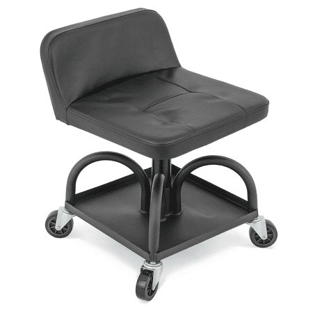 a black plastic chair with wheels on an isolated white background