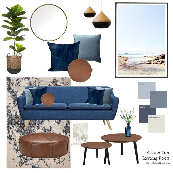 blue and tan living room mood board with couch, coffee table, potted plant