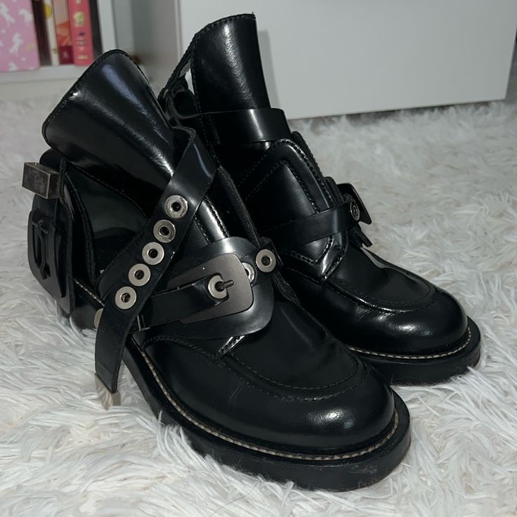 Balenciaga Boots In Very Good Condition. Worn Then Just Few Times. Designer Pointed Toe Boots With Buckle Closure, Designer Spring Boots With Leather Sole, Designer Brogue Boots With Round Toe, Designer Black Boots With Metal Feet, Designer Studded Rubber Outsole Boots With Round Toe, Designer Round Toe Boots For Galas, Designer Pointed Toe Boots For Galas, Formal Moto Boots With Buckle Closure And Pointed Toe, Chic Formal Moto Boots With Round Toe