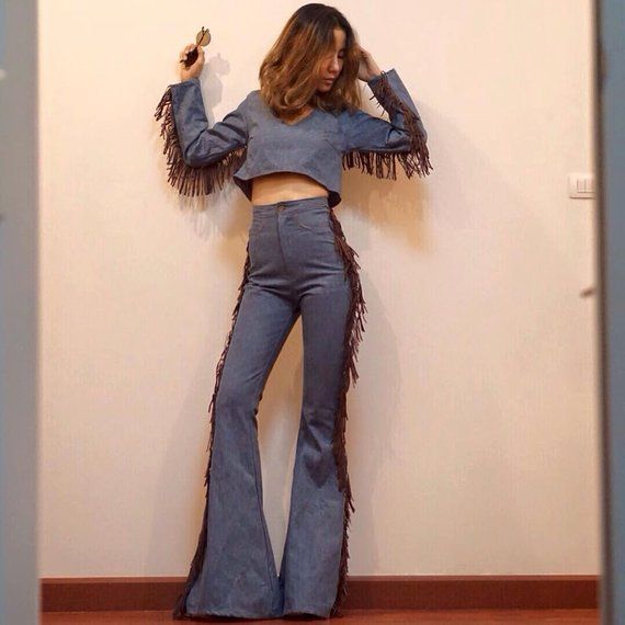 Women's High waist  flared bell bottom with along side body Fringe Tassel, Boho pants Vintage 70s st Rock And Roll Jeans, 70s Mode, 70s Pants, Fringe Shirt, Fashion 70s, Looks Country, Denim Crop Top, Design Presentation, Boho Handmade