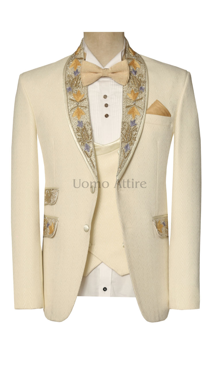 Off White Tuxedo Suit for Party and Wedding Elegant Gold Tuxedo For Festive Occasions, Gold Festive Elegant Tuxedo, Elegant Gold Tuxedo With Notch Lapel, Elegant Gold Tuxedo For Formal Occasions, Elegant Gold Tuxedo For Party, Formal Gold Tuxedo Sets, Luxury Gold Suit For Party, Fitted Yellow Suit For Wedding, Fitted Yellow Wedding Suits