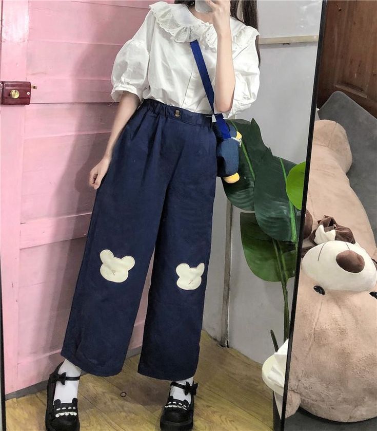 Material: Cotton Material: Polyester Length: Full Length Pattern Type: Cartoon Style: Kawaii Pant Style: Wide Leg Pants Front Style: Flat Fit Type: Skinny Decoration: Embroidery Decoration: Pattern Fabric Type: Batik Closure Type: Elastic Waist Waist Type: High Gender: WOMEN ONE SIZE ：Length:86cm Waist:54-80cm Leg:62cm Embroidery Pants, Wide Leg Pants Women, Y2k Aesthetic Fashion, Fall Pullover, Kawaii Harajuku, Japanese Kawaii, Kawaii Fashion Outfits, Vintage Soft, Next Clothes