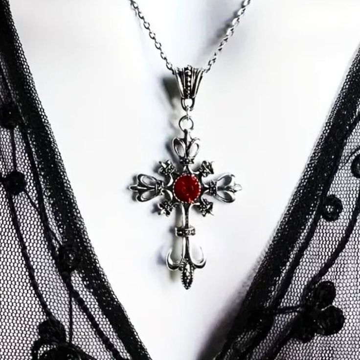 Ornate Cross Pendant Necklace Silver Magic Goth Crystal Fleur De Lis Spiritual Brand New In Original Package No Price Tags Attached Beautiful Ornate Cross Pendant With Red Crystal Stone Gem Silver Tone Chain Lobster Claw Clasp Great Gift ***Check Out My Other Great Items*** Bundle & Save $$$ ( 6g72) Tags Home, Country ,Collectable, Vintage, Figurine ,Office, Boho, Hippie, Stylish, Gift, Fashion, Surfer, Vacation, Beach, Unisex, Vegan, Minimalist, Western, Southwest, Native, Mid Century, Retro, C Red Rose Jewelry, Vampy Jewelry, Red Emo Style Metal Jewelry, Punk Red Necklace For Halloween, Red Emo Jewelry For Party, Red Emo Necklace For Gift, Gothic Red Necklace For Valentine's Day, Red Gothic Cross Necklace, Red Gothic Metal Necklace