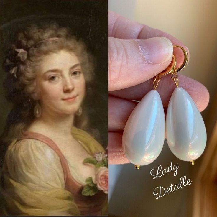 "HUGE Cream PEARL Earrings, Large SHELL Pearl Teardrops, 16k gold plated brass loops, Large lovely Cream Shell Pearl earrings A large SHELL pearl in a lovely CREAM color, HUGE! This definitely has some weight to it. There are so many period examples that have survived and also are painted in portraits or drawn in fashion plates with HUGE pearl earrings. I finished these with my favorite 16k gold plated brass loops, with a soft close, sturdy clasp, which fit well and stay on well, and also great Elegant Handmade Pear-shaped Earrings, Handmade Pear-shaped Earrings, Huge Pearl Earrings, Pearl Teardrop Earrings, Pearl Cream, Earrings Large, Fashion Plates, Large Earrings, Heavy Cream