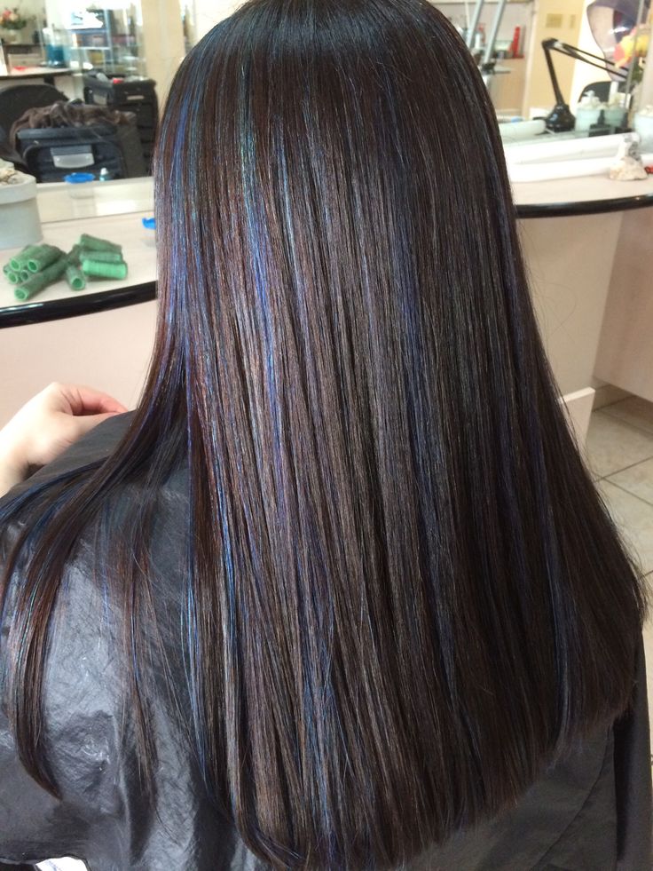 Dark brown hair with blue highlights Dark Brown Hair With Blue, Brown Hair Blue Highlights, Brown Hair With Blue Highlights, Brown Hair With Blue, Blue Brown Hair, Blue Hair Highlights, Blonde Ombre Hair, Highlights Ideas, Blue Ombre Hair