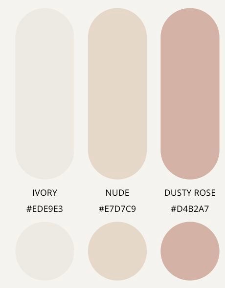 different shades of beige and white with the words ivory, nude, dusty rose, daba7