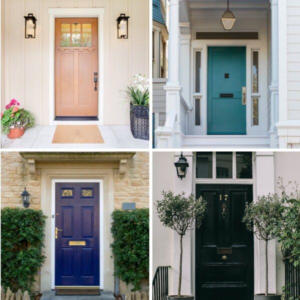 four different front doors with plants and potted trees