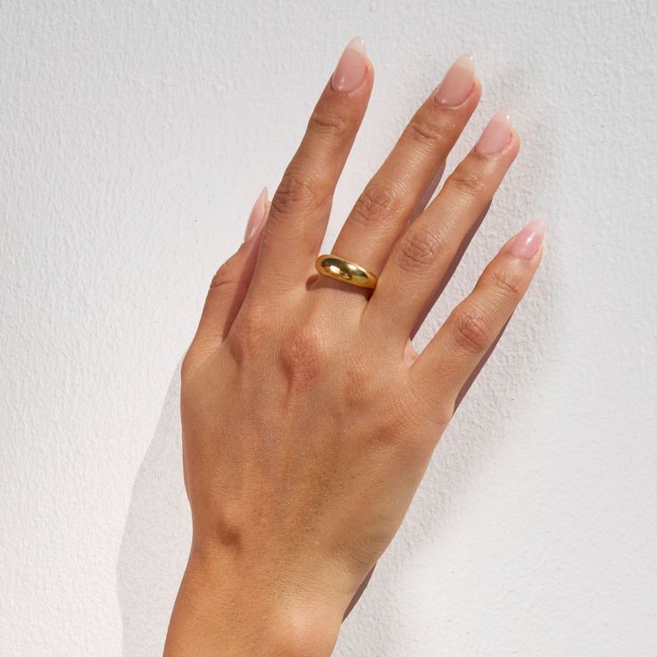 Dôme stacking ring in 18k gold vermeil. 18k gold vermeil (.925 sterling silver) 6mm width Everyday Polished Dome Ring, Gold Wide Band Ring Tarnish Resistant, Gold Signet Ring With Thick Band Stackable, Gold Signet Ring Stackable With Thick Band, Minimalist Gold Plated Dome Ring With Polished Finish, Gold Thick Band Stackable Signet Ring, Gold Dome Ring With Polished Finish, Gold Stackable Signet Ring With Thick Band, Gold Timeless Dome Ring As Promise Ring