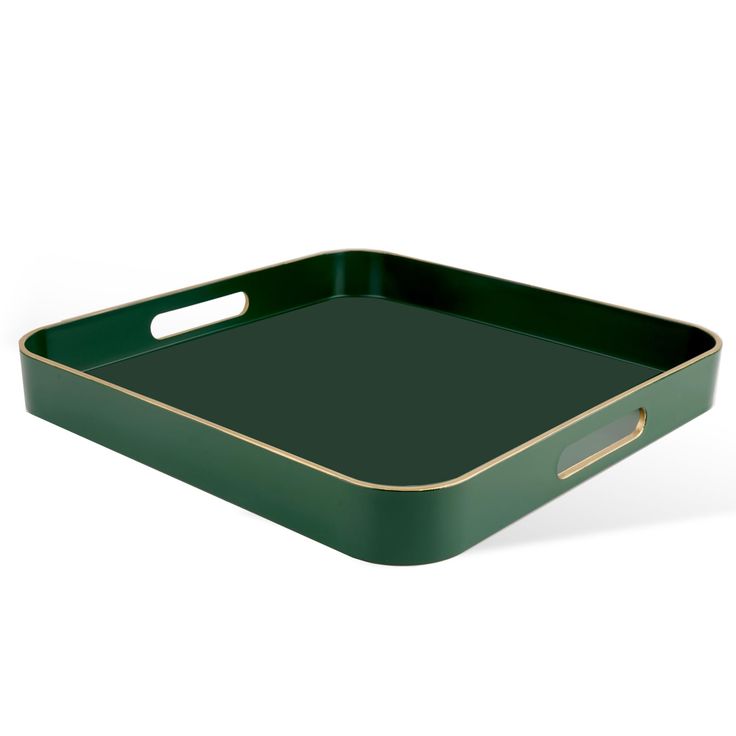 a green rectangular tray with gold trim