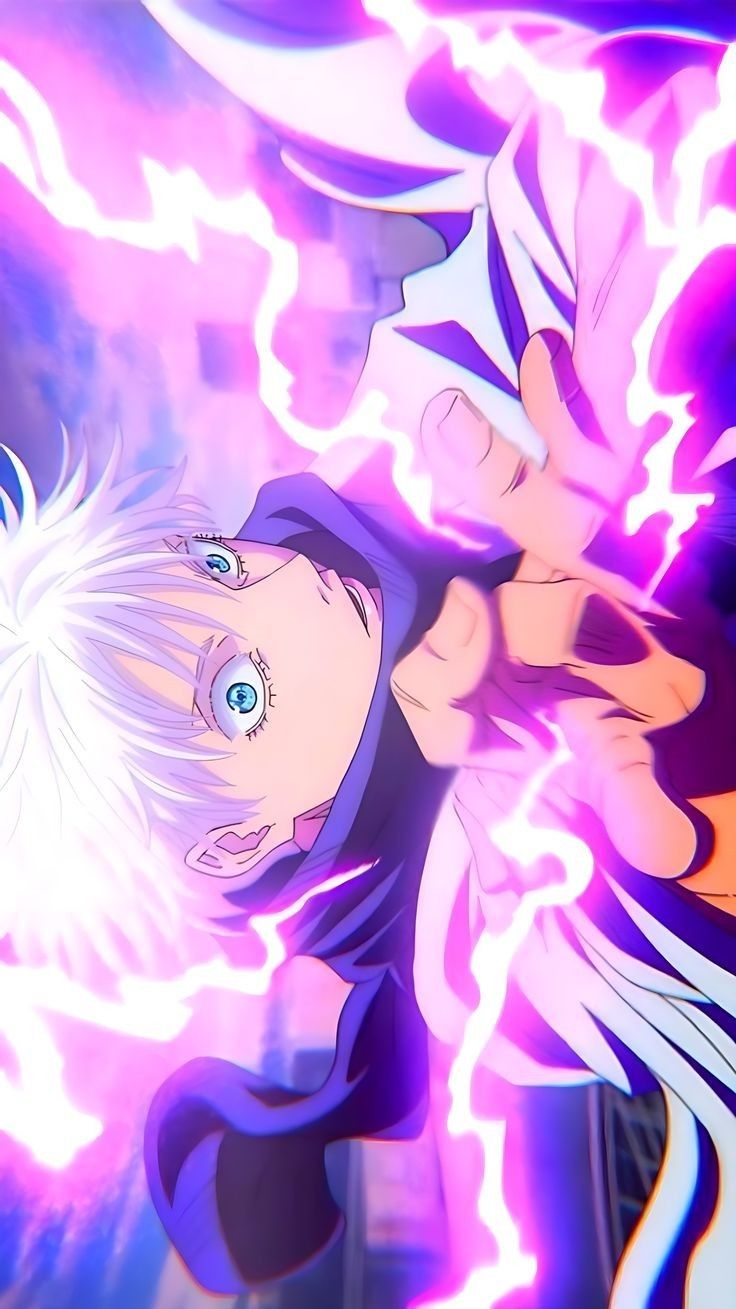 an anime character with white hair and blue eyes is surrounded by purple flames in the background