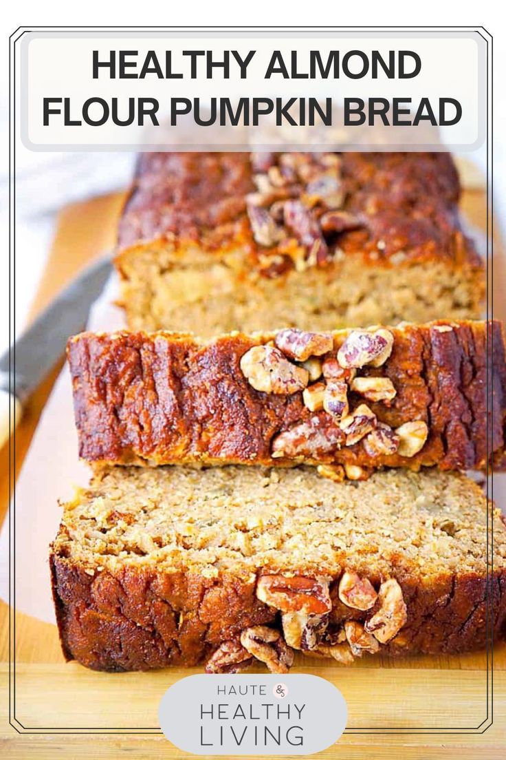 two slices of healthy almond flour pumpkin bread on a cutting board with the title above it